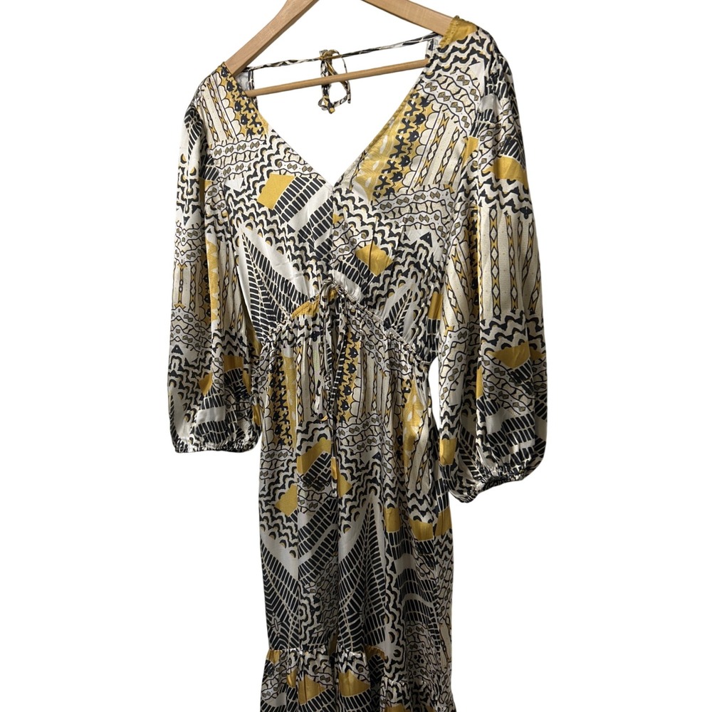 Melloday Tie Back‎ Tiered Maxi Dress Black Gold Geometric Print Size Small EUC